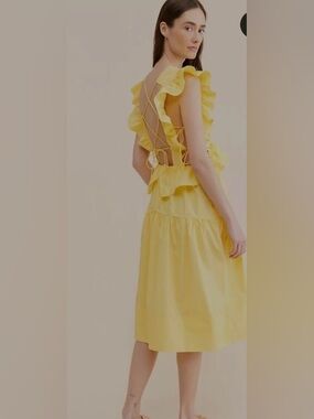 635. Allina Liu Yellow Ruffle Midi Dress with Open Back